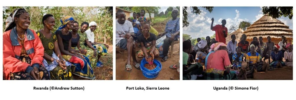 A photo from each project - Rwanda (a self-help group smiling), Port Loko, Sierra Leone (an example of livelihoods) and Uganda (an awareness raising session with a local community)