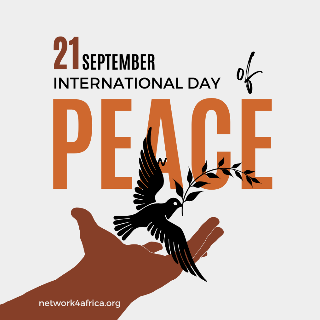 21 September is the International Day of Peace - a hand is outstretched and a dove carries an olive branch