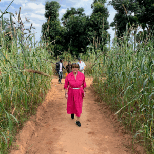 Baroness Caroline Cox walks on a dusty path through a crop field